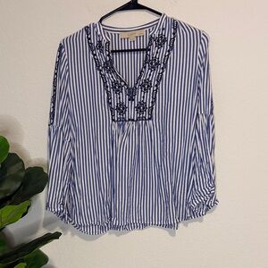 LOFT Blue and White Striped Embroidered Top with bell sleeves SP